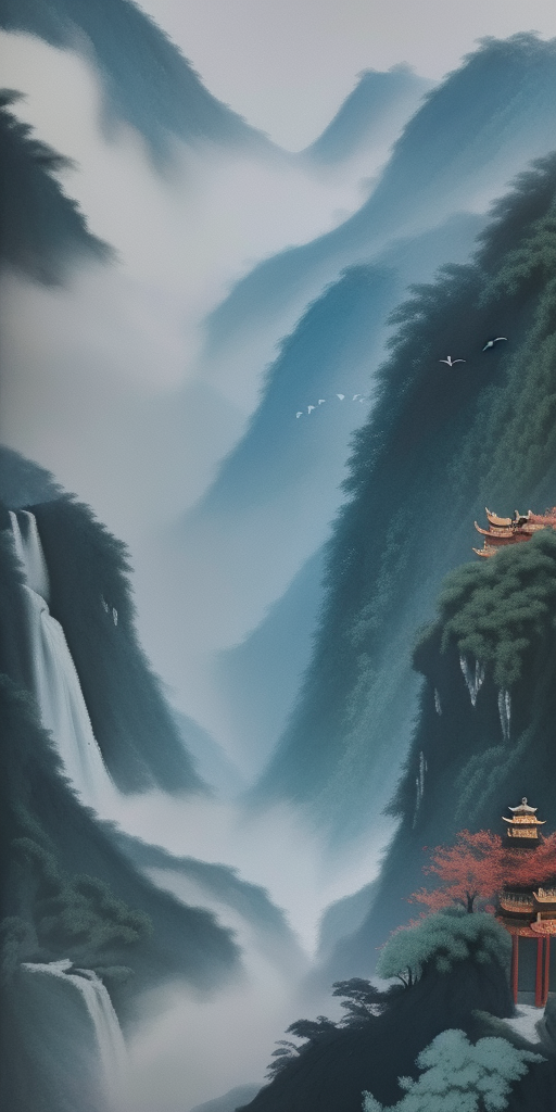 水墨风格古建筑手机壁纸展现壮丽山脉