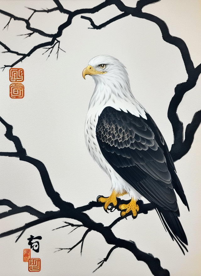 威风白鹰立枝头的水墨风格艺术画作