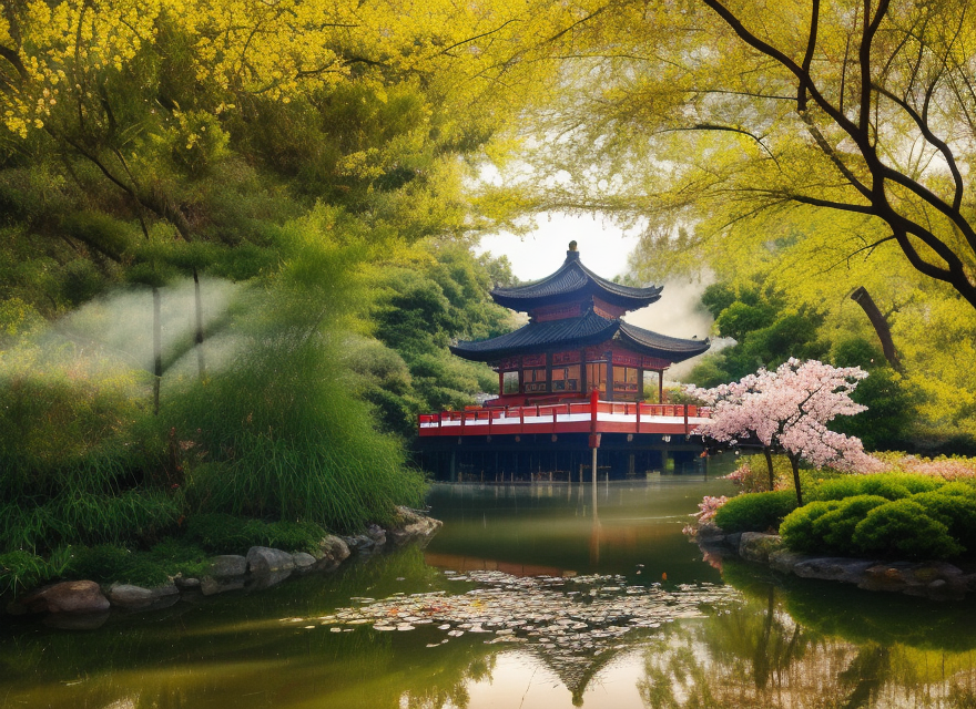 中式古建筑临水而立典雅园林风光