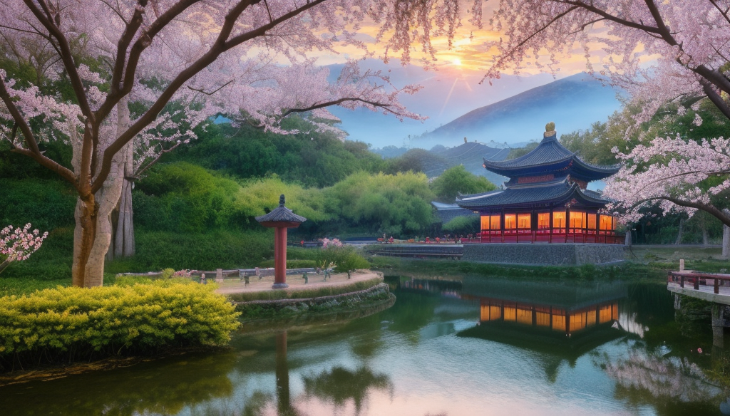 赏中式古建旁湖泊美景赏春日樱花烂漫
