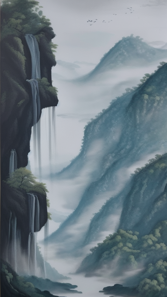 水墨风格山脉瀑布图自然之美