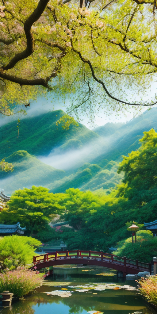 古桥绿水山林景清新手机壁纸美如画