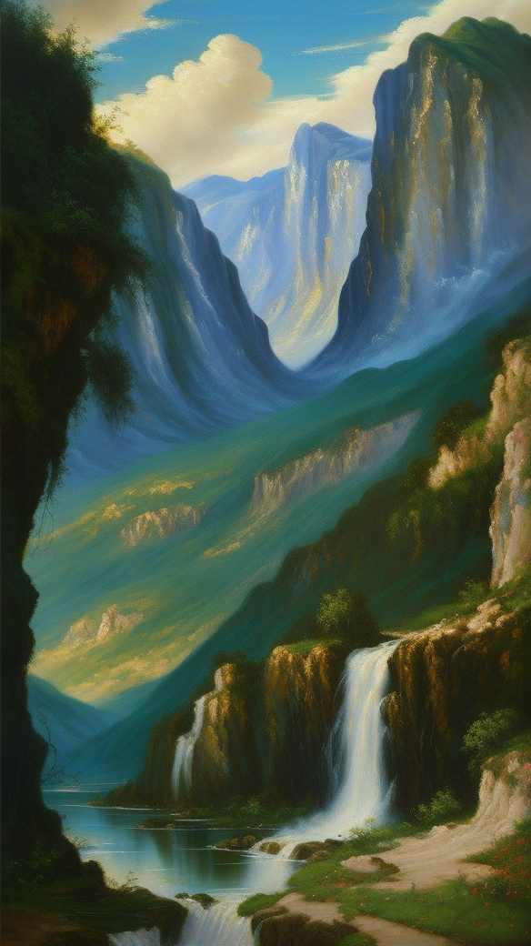 壮丽山脉瀑布景观油画风竖图壁纸