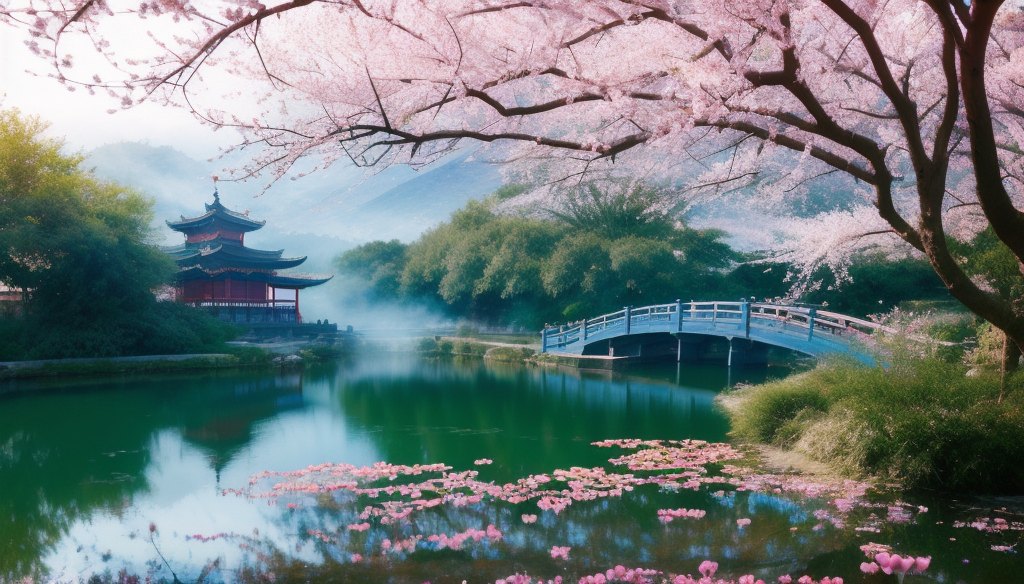 赏春日湖泊美景赏古建筑与樱花的画卷