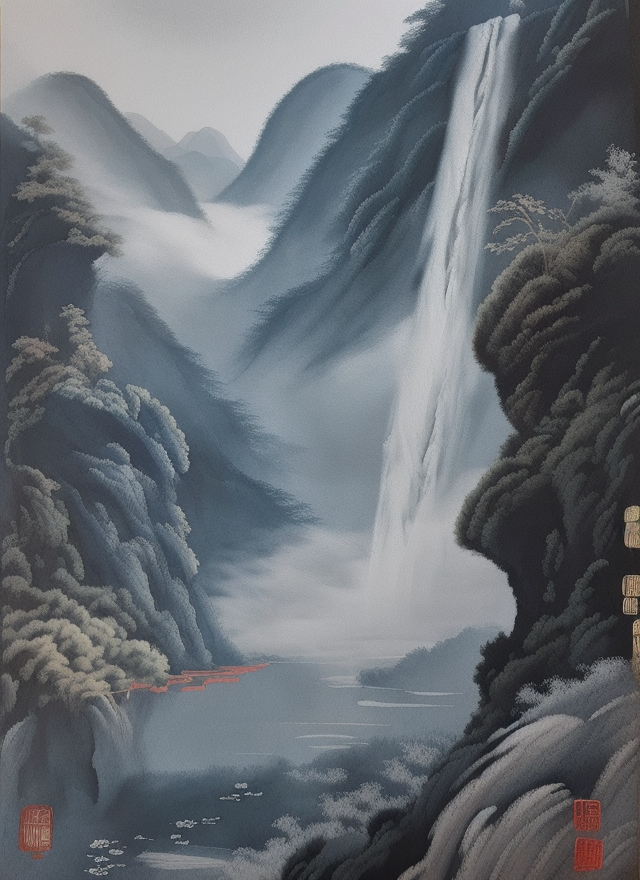 水墨风格山水瀑布图自然之美