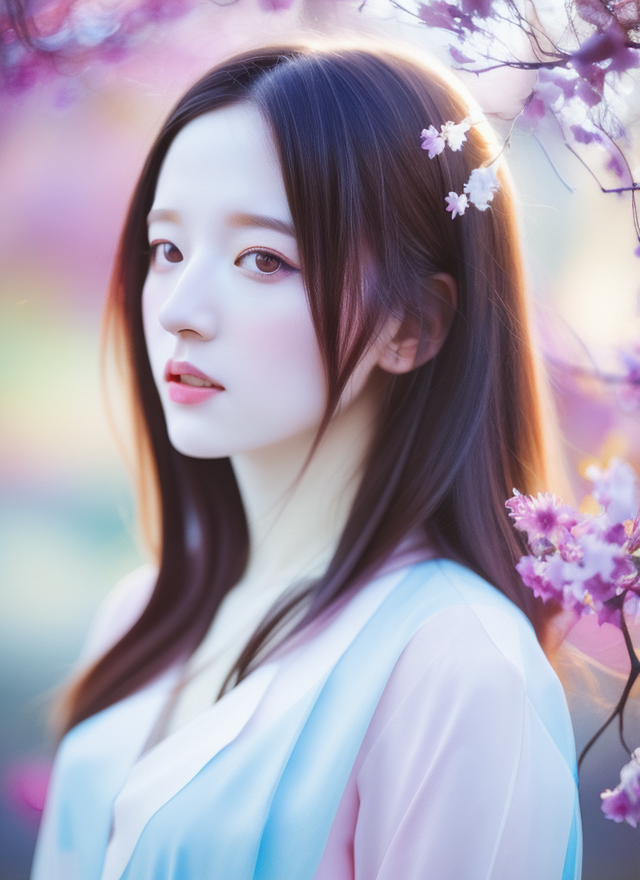 长发女子身着彩衣 置身花海清新之美