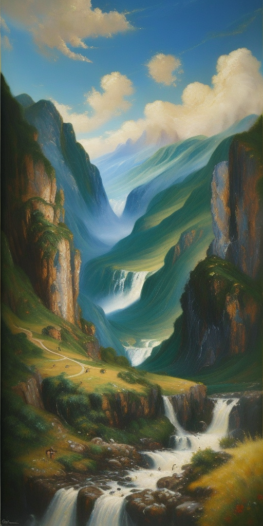 壮丽山脉瀑布风景画电脑壁纸