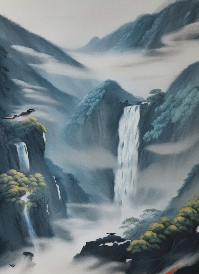 水墨风格山川瀑布图自然之美