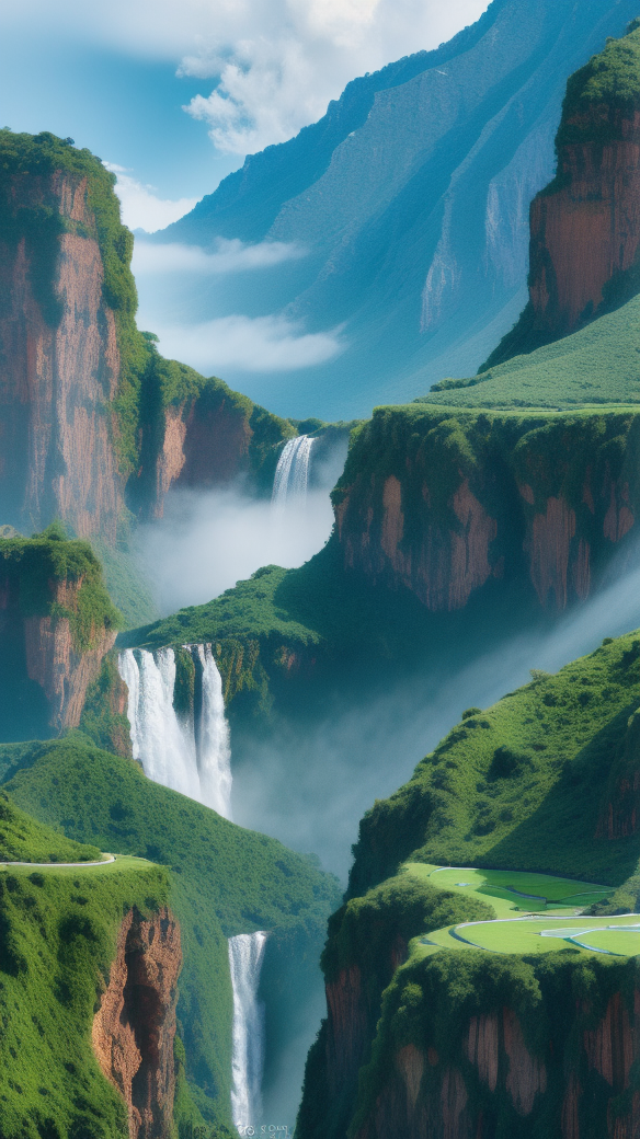 壮观瀑布穿梭山间的自然风景电脑壁纸