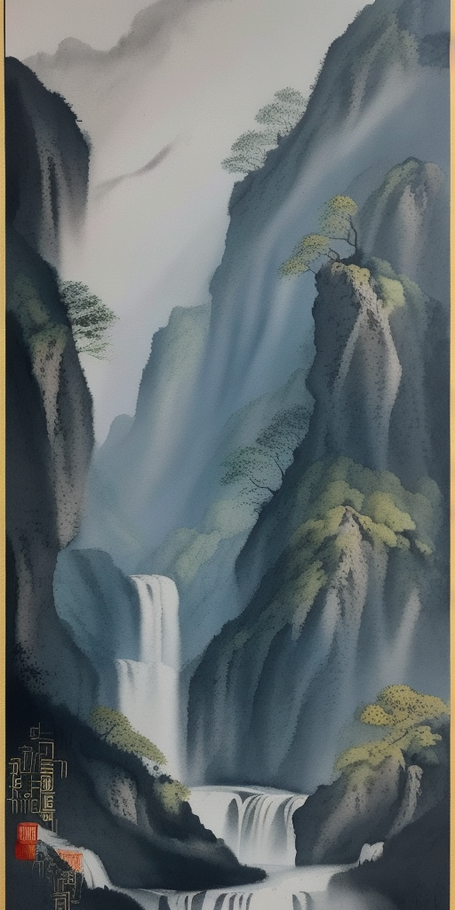 水墨风格山川瀑布画自然之美