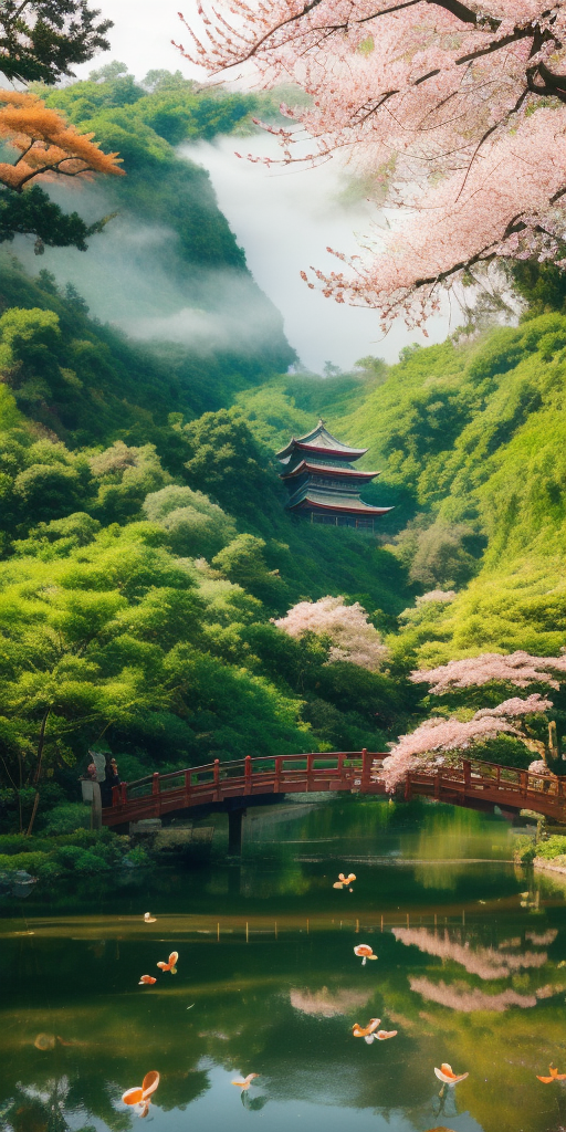 古风建筑隐山林唯美湖泊桥景手机壁纸