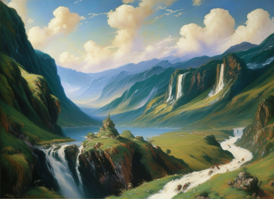 壮丽山脉湖泊瀑布风景画自然之美
