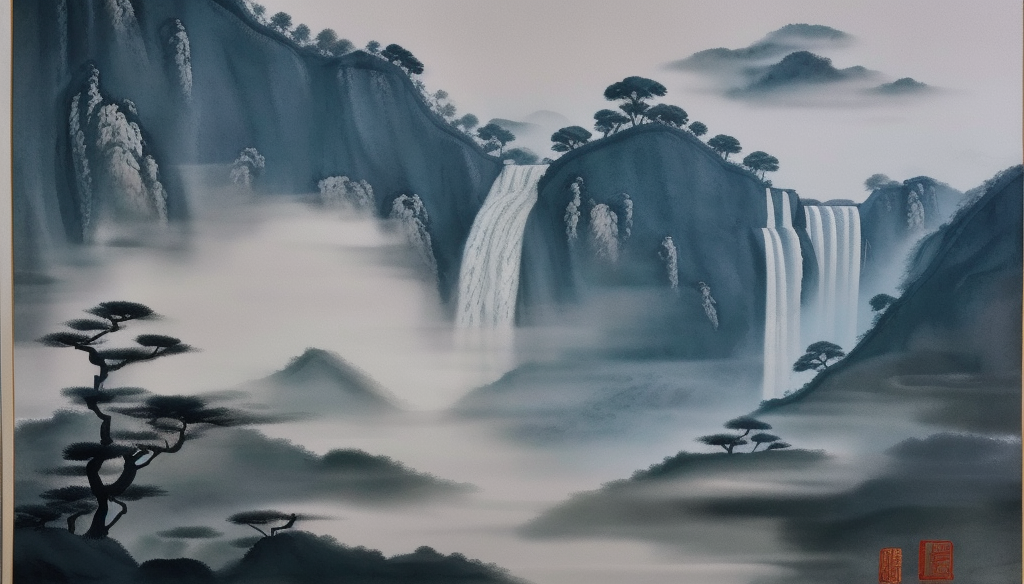 水墨风格瀑布山水图自然之美