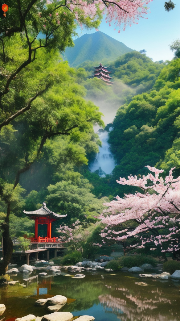 赏山林古亭瀑布唯美中式风景手机壁纸