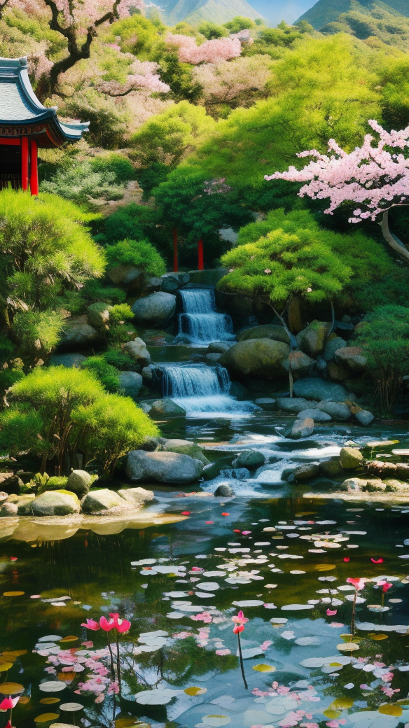 赏瀑布流水莲池之景手机壁纸