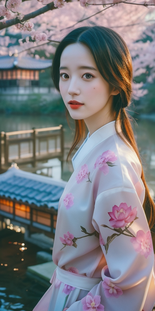 身着粉色印花古装的女子唯美如画
