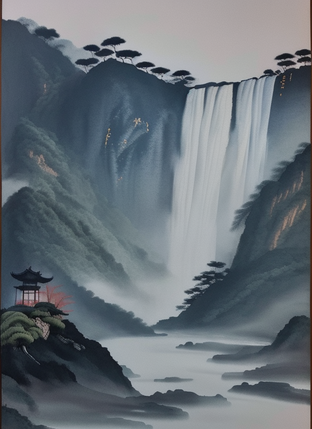 水墨风瀑布山水图中国风自然之美