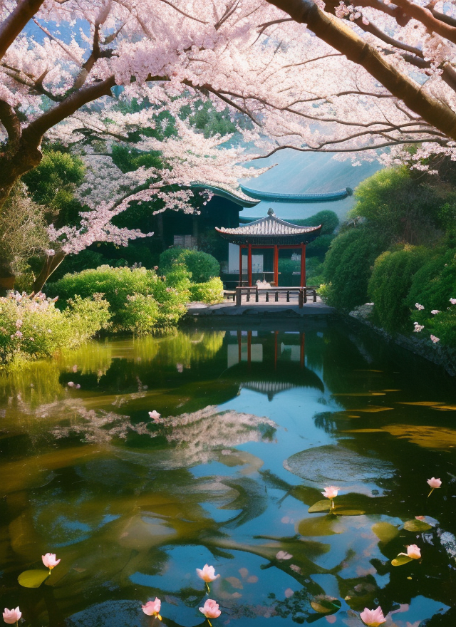赏春日湖泊美景中式古建筑风格电脑壁纸