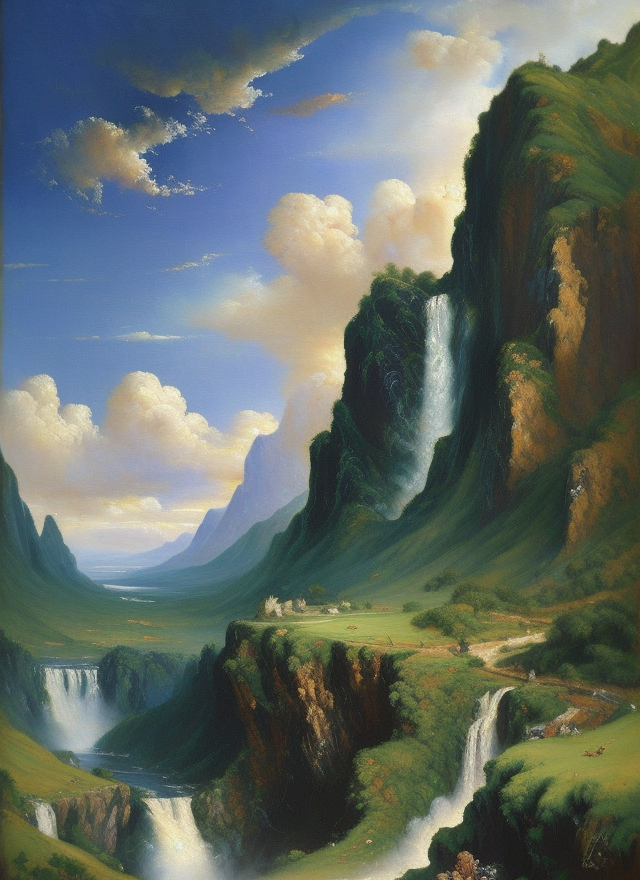 壮丽山脉瀑布景观电脑壁纸的风景图