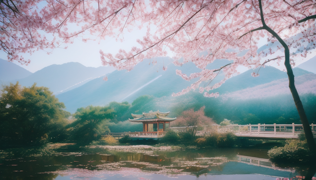 赏春日湖泊美景，赏古建筑旁樱花盛开