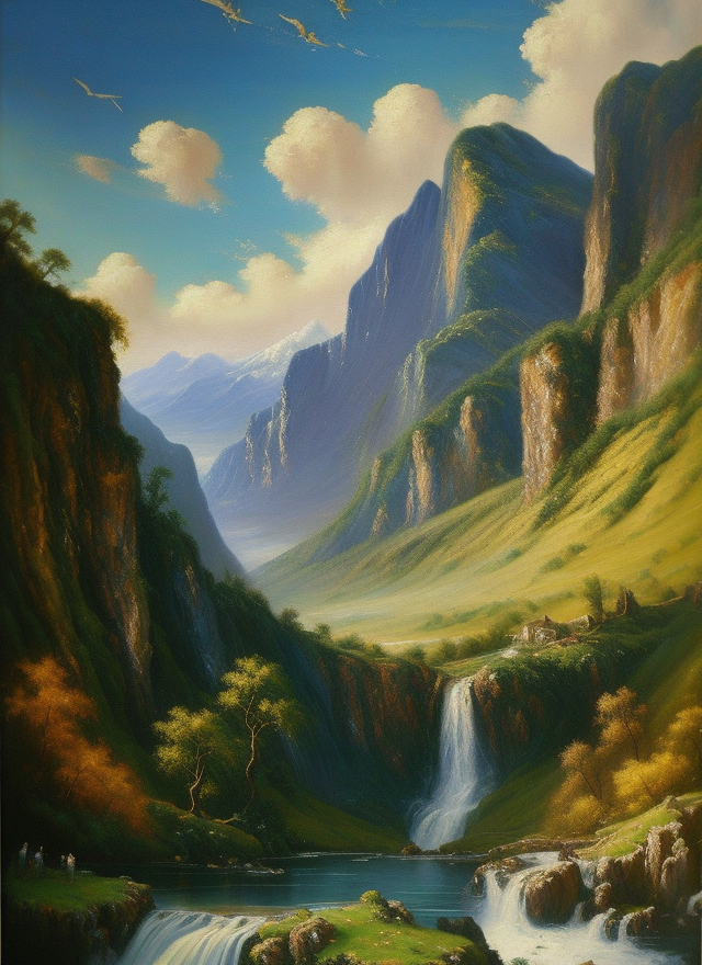 壮丽山脉湖泊瀑布风景画自然之美