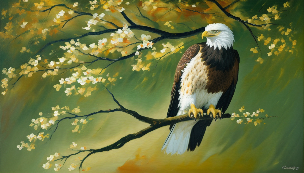 白头鹰栖息花枝间自然景象画作