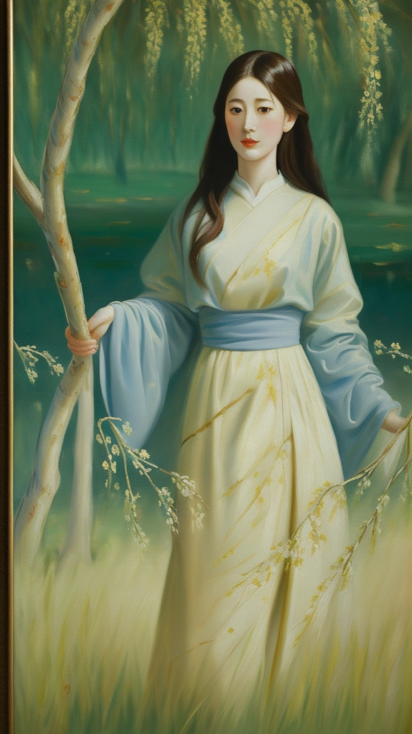身着古装女子优雅而立古典风人物画