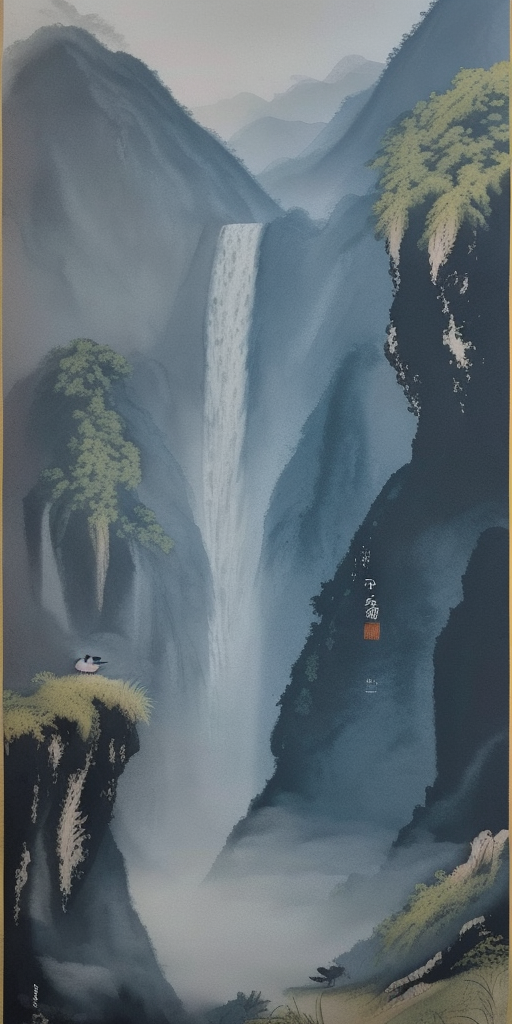水墨风格瀑布图优质山水风景电脑壁纸