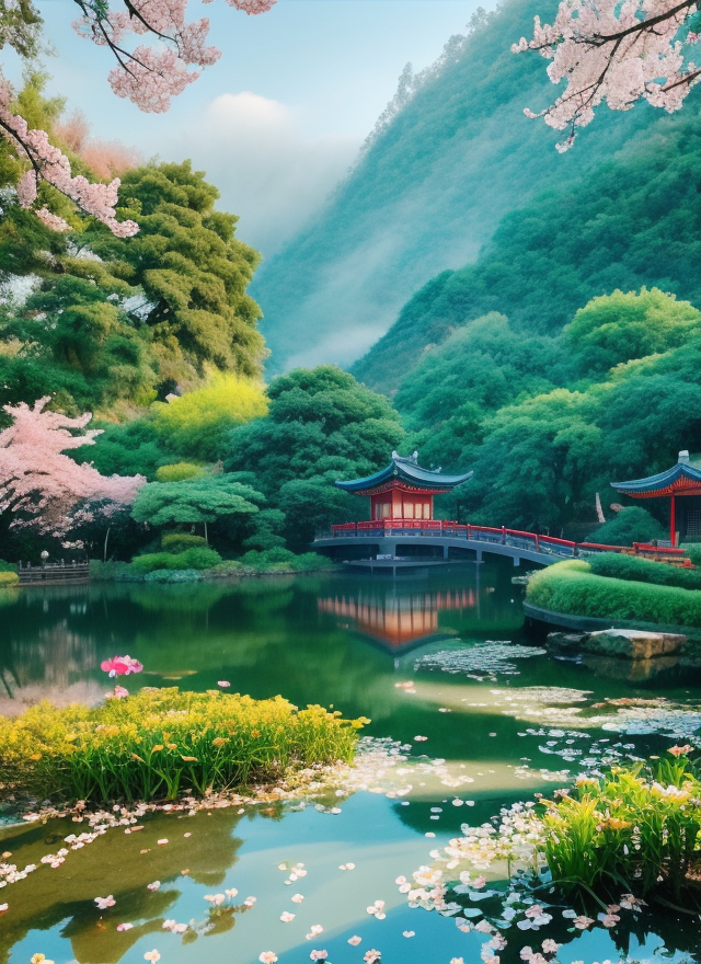 湖泊边的中式古建筑唯美手机壁纸