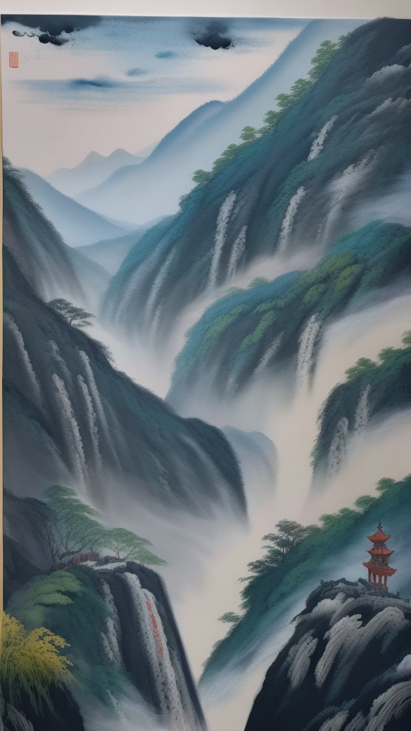 水墨风格山脉画作电脑壁纸的美景图
