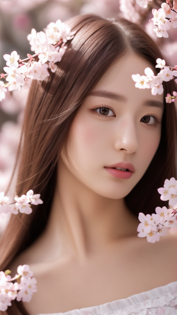 长发美女与樱花相映成趣手机壁纸