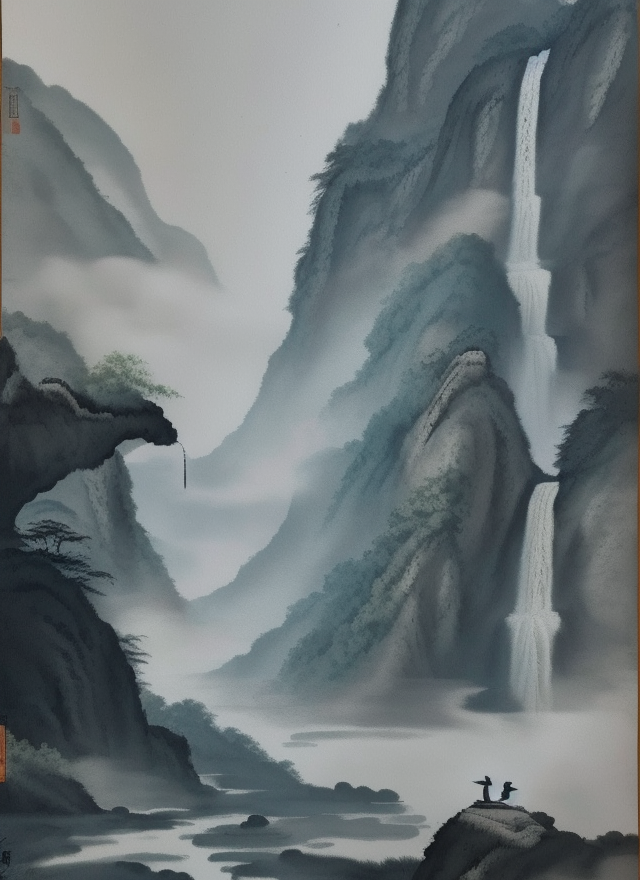 水墨风山川瀑布图自然之美