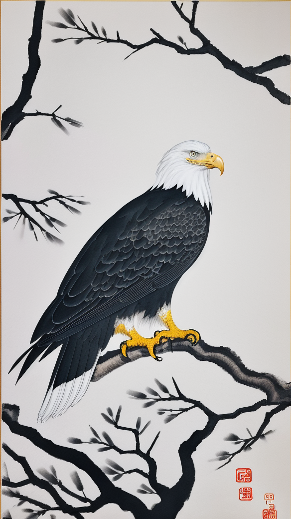 白头鹰栖息树枝图自然野生动物绘画素材