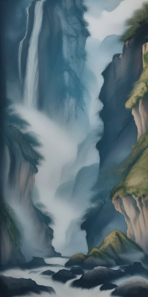 水墨风格的山川瀑布电脑壁纸自然之美