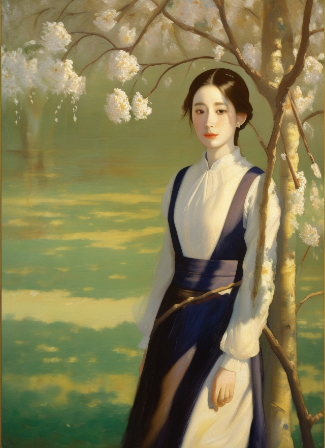 身穿传统服饰的女子倚靠在开满花树下