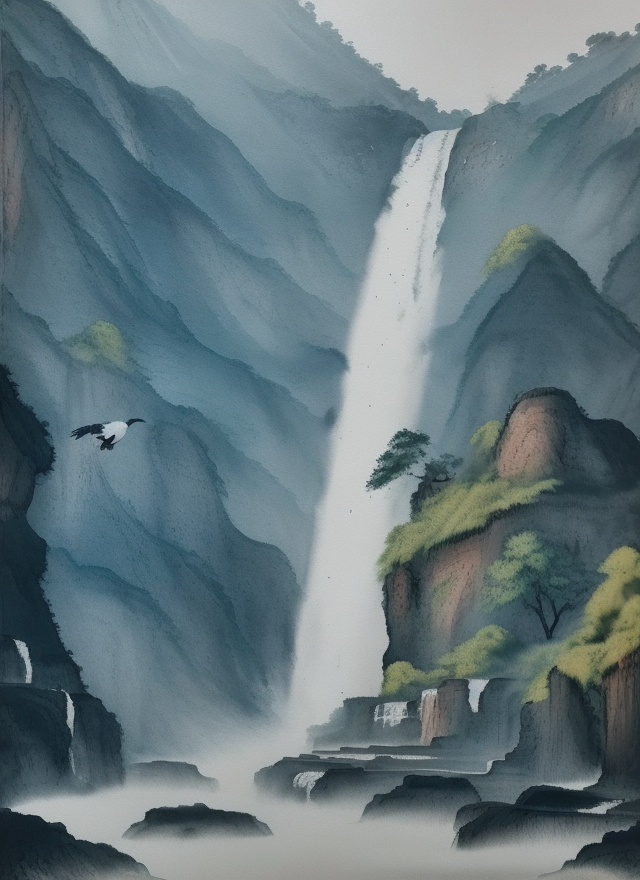 水墨风格瀑布图山川自然之美