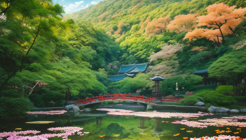 红色桥梁横跨湖泊中式园林美景图