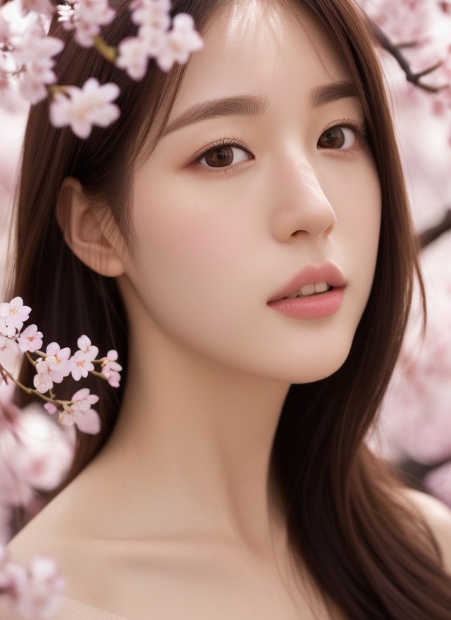 长发女子在樱花树下的唯美清新写真