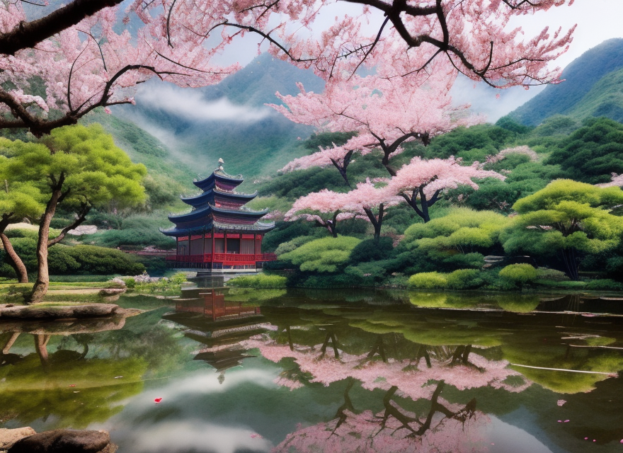 赏中式古建赏春日盛景的湖泊美景电脑壁纸